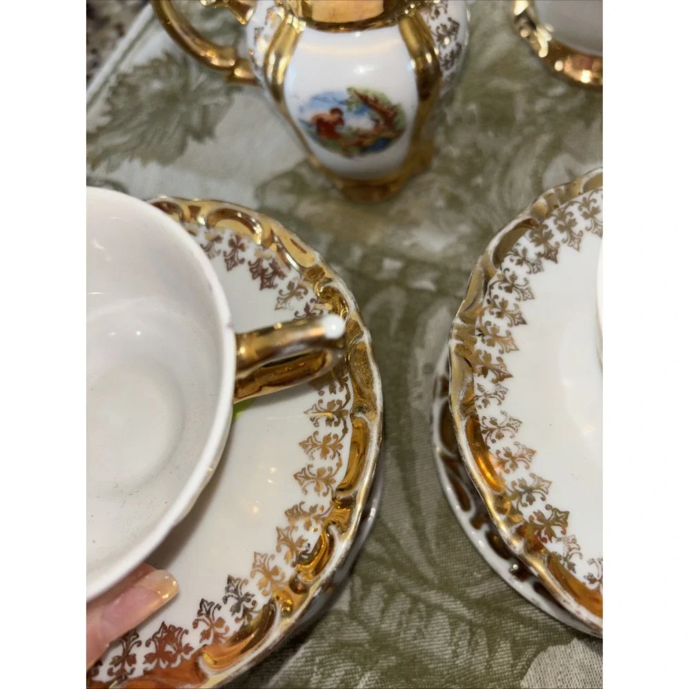 Gold Plate Bavarian Germany Courting Couple Tea Set‎ Service For Seven 3657